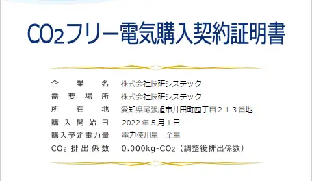 本社（事務所・工場）使用電気　実質的に再エネ100％を実現しました